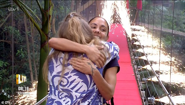 Alex was instead greeted off the I¿m A Celebrity bridge by her friend Regan Coleman (pictured)