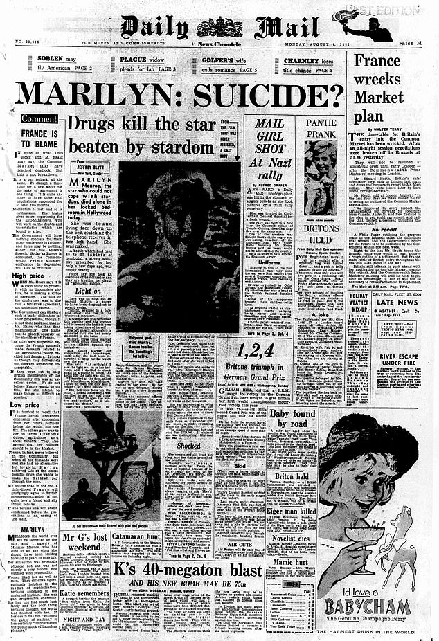 The Daily Mail's front page on August 6, 1962, the day after news of her death emerged