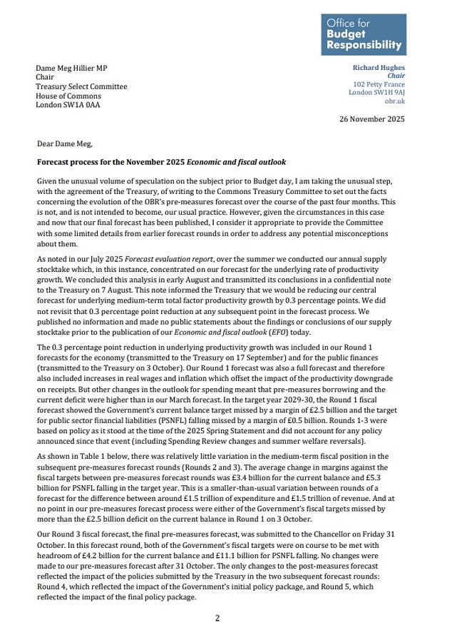 The OBR made clear it had told Ms Reeves as long ago as September that productivity downgrades were being offset by better tax revenues