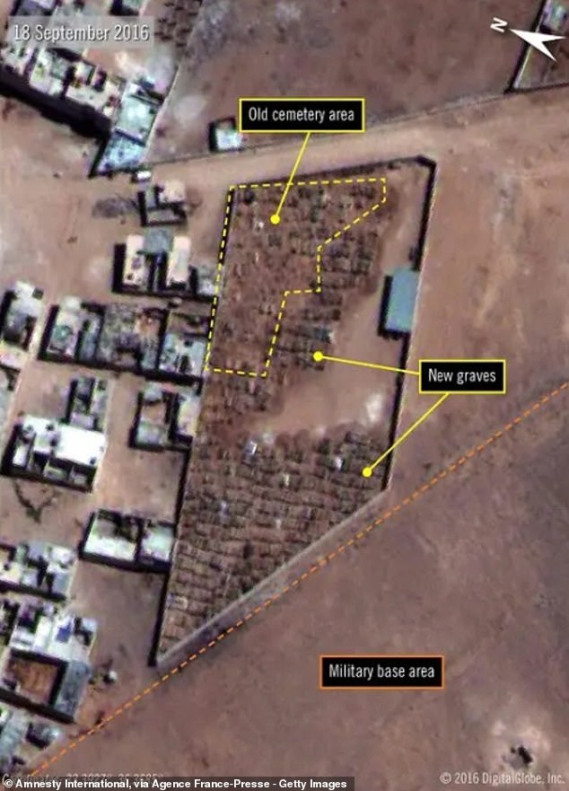 Satellite images show the increase in mass graves at a cemetery near Damascus between 2010, left, and 2016, right. Amnesty International said that bodies of prisoners executed in Sednaya Prison were buried there