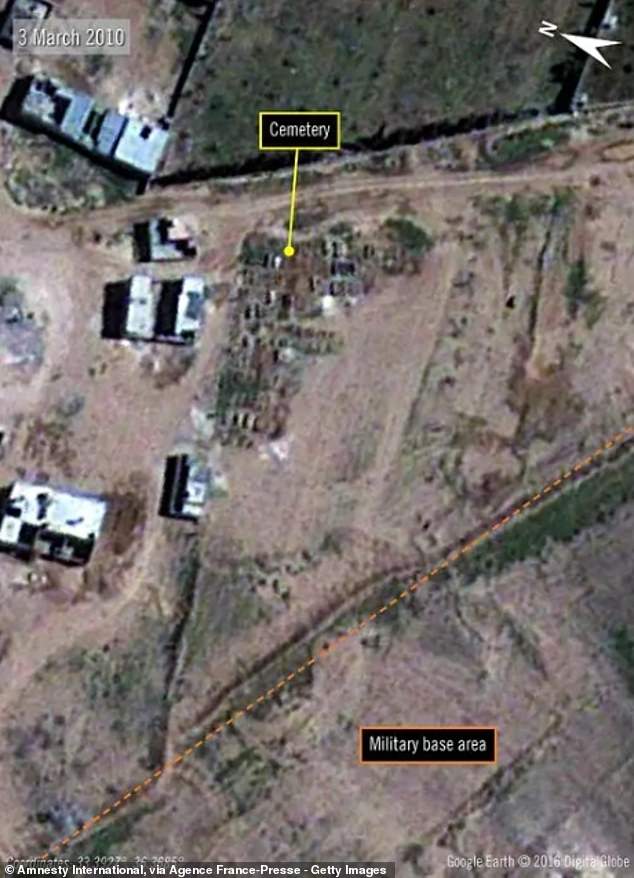 Satellite images show the increase in mass graves at a cemetery near Damascus between 2010, left, and 2016, right. Amnesty International said that bodies of prisoners executed in Sednaya Prison were buried there