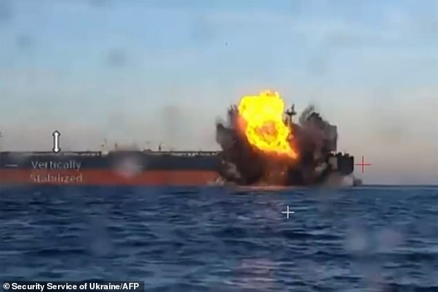 Extraordinary footage shows the unmanned craft - deployed by Ukraine's secret service - racing across the Black Sea before slamming into the hulking vessels