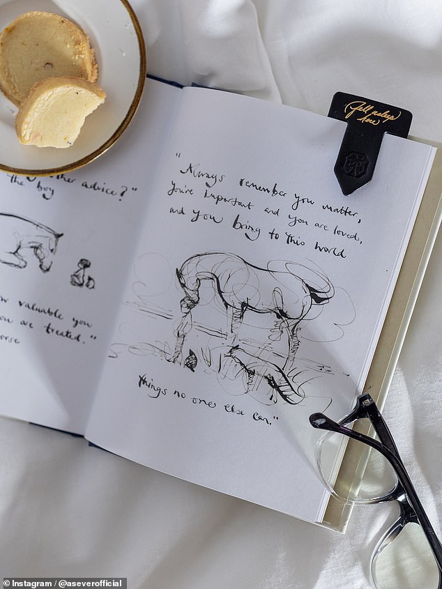 A page from Mackesy's bestselling The Boy, The Mole, The Fox and The Horse featured in Meghan's Instagram post promoting her honey and leather bookmark gift set