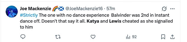 Some penned on X: 'No conferring till the ten seconds yet katya does this to indicate to Lewis to jump through her leg like on Blackpool night I'm sorry but that is cheating...'