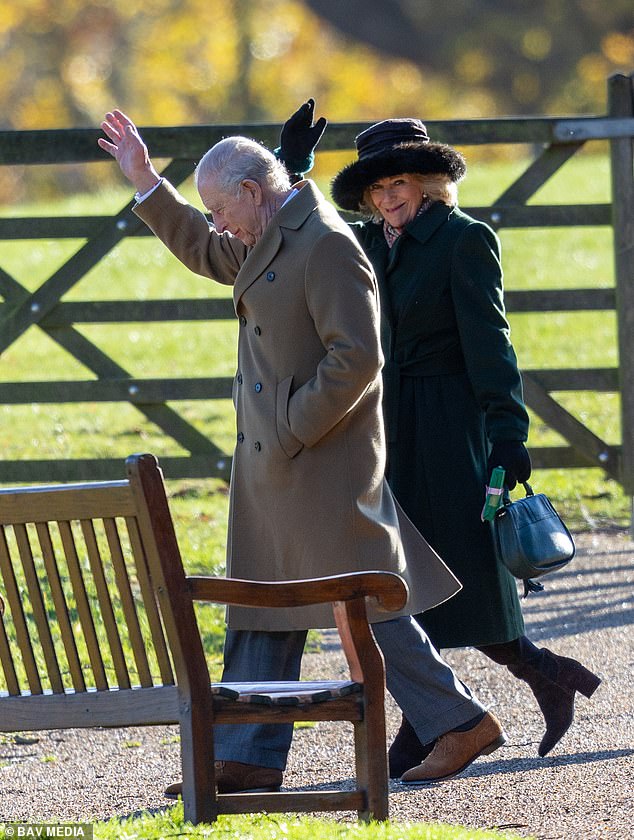 Queen Camilla donned an emerald overcoat along with chocolate brown suede boots, accessorising with a fashionably cosy fur-lined wide-brimmed hat