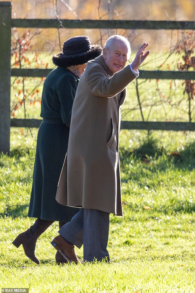The monarch, 77, and his wife, 78, beamed and waved at well-wishers as they braved the cold 6°C weather in Sandringham, Norfolk