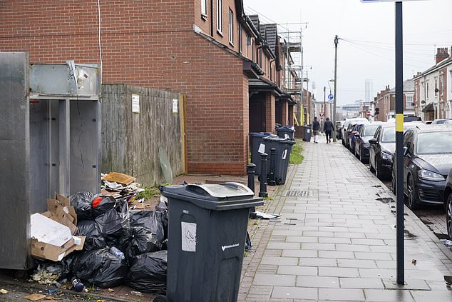 A residential street in the Lozells area, where overflowing bin bags are piled up along the street