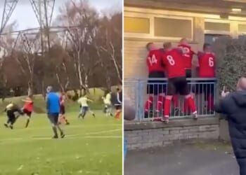 Shocking moment brawl erupts after football game with man repeatedly punched outside changing rooms