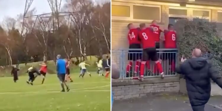 Shocking moment brawl erupts after football game with man repeatedly punched outside changing rooms