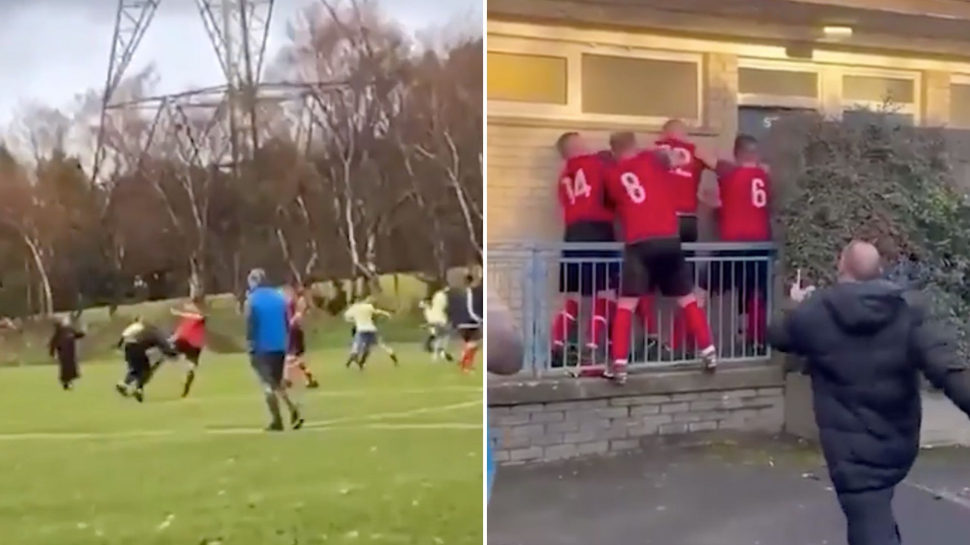 Shocking moment brawl erupts after football game with man repeatedly punched outside changing rooms