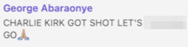 Mr Abaraonye, 20, posted this 'celebratory' message on WhatsApp following the deadly shooting