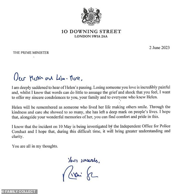 Then Prime Minister Rishi Sunak wrote to the family after the collision saying he hoped the IOPC probe would bring 'greater clarity and understanding'