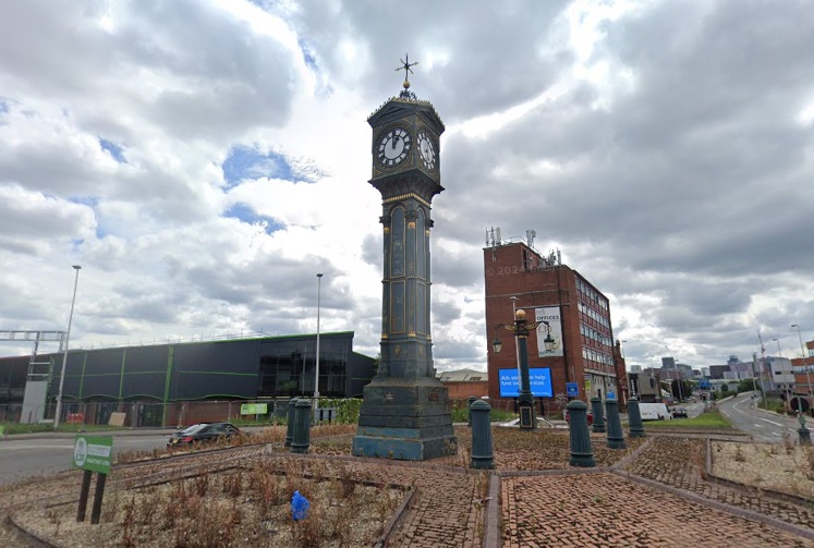Aston Cross’s Grade II-listed clock tower in Birmingham with faces showing different times.