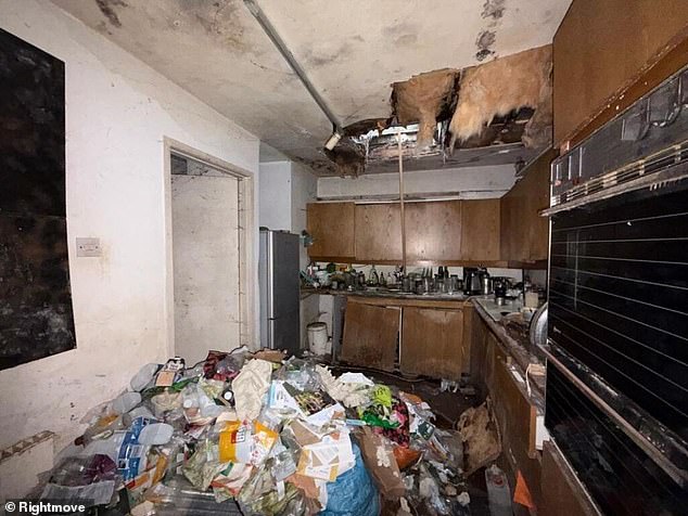 The ceiling in what once must have been the kitchen is collapsed in places