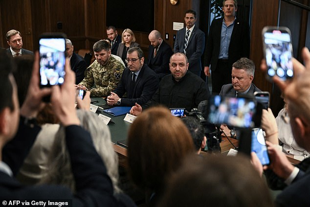 Secretary of the National Security and Defense Council of Ukraine and head of the Ukrainian delegation Rustem Umerov speaks during a meeting with US Secretary of State Marco Rubio and the US delegation in Hallandale Beach, Florida on November 30, 2025