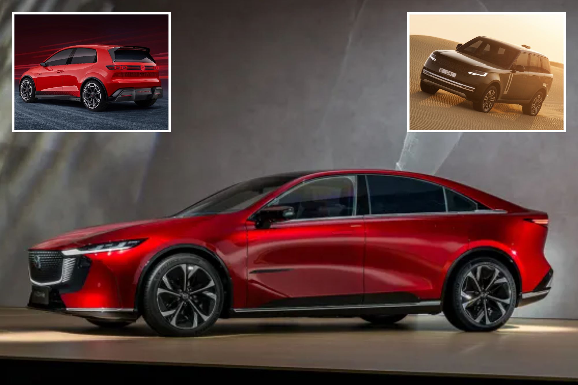 An image collage containing 3 images, Image 1 shows The all-new Mazda6e, Image 2 shows Illustration of the rear-side view of a red Volkswagen ID.GTI Concept car, Image 3 shows Black Range Rover driving across sand dunes at sunset