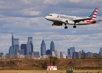 An aircraft lands at Philadelphia International Airport Thursday in Philadelphia, Pennsylvania.