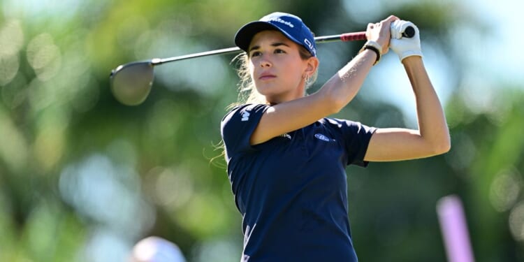 Amateur Kai Trump of the United States plays her shot from the 16th tee during the first round of The ANNIKA driven by Gainbridge at Pelican 2025 at Pelican Golf Club on Nov. 13, 2025, in Belleair, Florida.