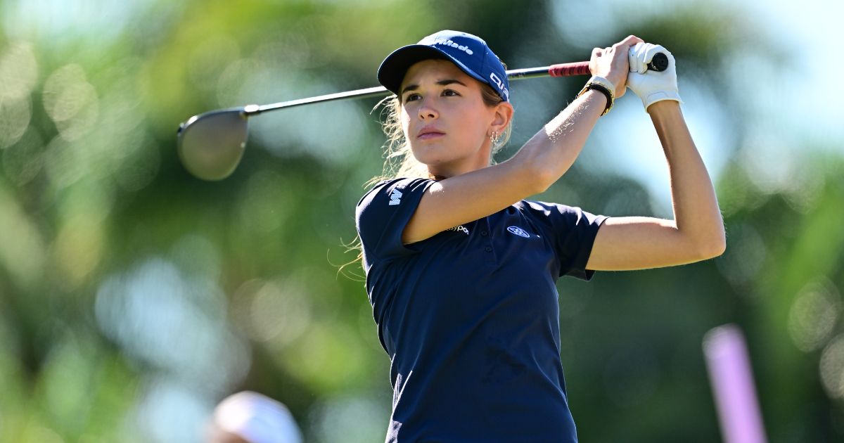 Amateur Kai Trump of the United States plays her shot from the 16th tee during the first round of The ANNIKA driven by Gainbridge at Pelican 2025 at Pelican Golf Club on Nov. 13, 2025, in Belleair, Florida.