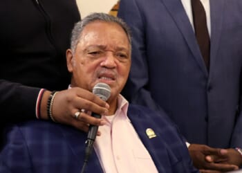 The Rev. Jesse Jackson is pictured in a March 2023 file photo announcing his support for leftist Democrat Brandon Johnson for mayor of Chicago.