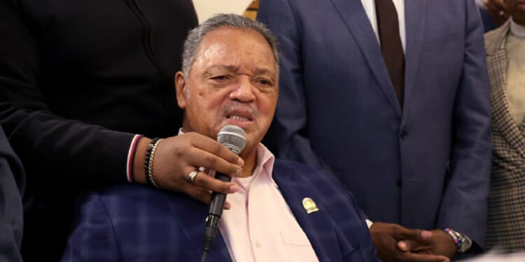 The Rev. Jesse Jackson is pictured in a March 2023 file photo announcing his support for leftist Democrat Brandon Johnson for mayor of Chicago.