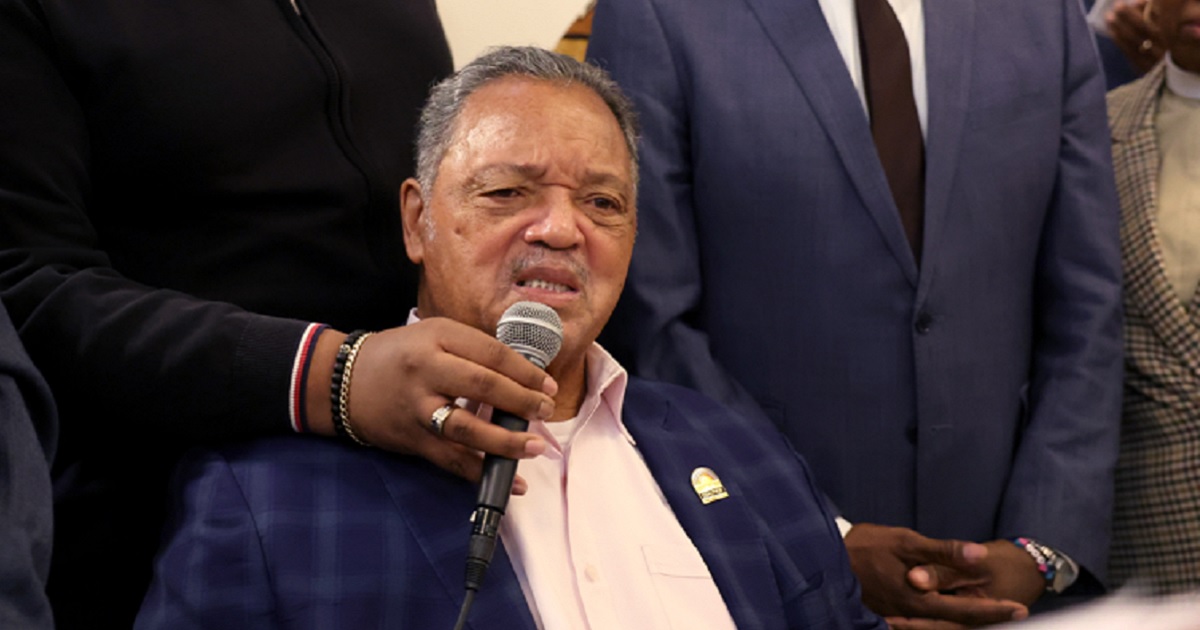 The Rev. Jesse Jackson is pictured in a March 2023 file photo announcing his support for leftist Democrat Brandon Johnson for mayor of Chicago.