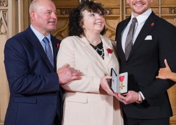 Adam Peaty's family are in tatters as their feud with Holly Ramsay rumbles on amid friction over her hen do - with his aunt insisting she has 'broken' his mother (Caroline Peaty pictured with her son Adam)