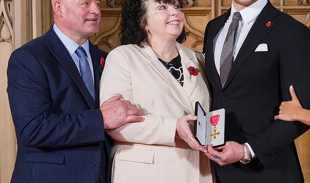 Adam Peaty's family are in tatters as their feud with Holly Ramsay rumbles on amid friction over her hen do - with his aunt insisting she has 'broken' his mother (Caroline Peaty pictured with her son Adam)