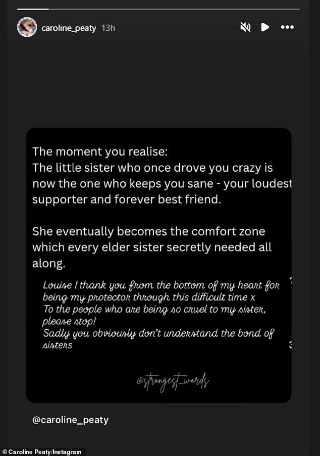 Caroline shared the post thanking her sister Louise for supporting her during the 'difficult' time, after she broke her silence on the rift in an interview with Daily Mail