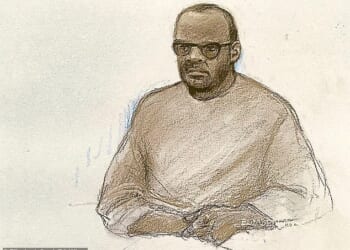 Court artist sketch of Simon Levy, 40, appearing at Highbury Magistrates' Court
