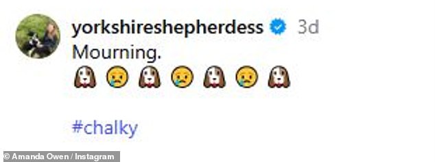 The TV farmer, 51, took to Instagram to share the heartbreaking update with her loyal fan base this week, and shared a sweet snap of their four-legged companion alongside the caption 'Mourning #Chalky'