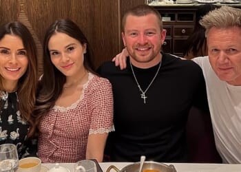 Holly Ramsay (pictured, second left) is pictured enjoying a meal with her fiance Adam Peaty (pictured, second right) and her parents Tana (far left) and Gordon (far right)