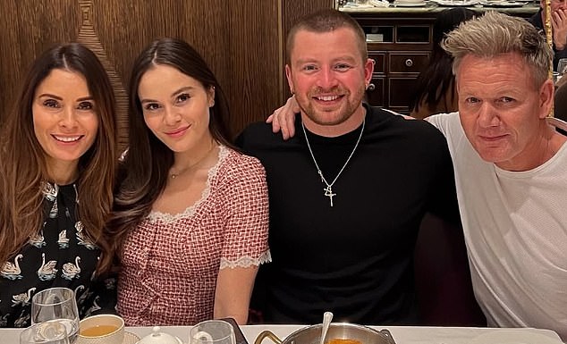 Holly Ramsay (pictured, second left) is pictured enjoying a meal with her fiance Adam Peaty (pictured, second right) and her parents Tana (far left) and Gordon (far right)