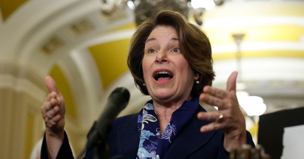 Sen. Amy Klobuchar speaks to reporters after the Democratic Senate Policy Luncheon at the US Capitol on Oct. 7, 2025, in Washington, DC.