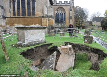 The box tomb, which sat above ground, plunged into a 12ft hole that opened up beneath it over the weekend
