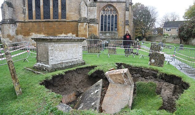 The box tomb, which sat above ground, plunged into a 12ft hole that opened up beneath it over the weekend