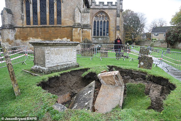 The box tomb, which sat above ground, plunged into a 12ft hole that opened up beneath it over the weekend