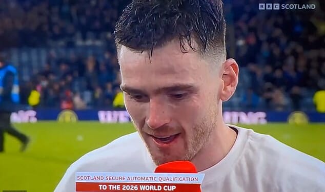 Andy Robertson was on the brink of tears as he paid tribute to Diogo Jota after leading Scotland to World Cup qualification