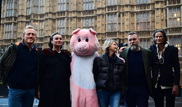 Farms not Factories has the support of many high profile celebrities. Pictured from left to right at one of its demonstrations: Jerome Flynn, Gizzi Erskine, Leslie Ash, Ciaran McMenamin and  Tracy Worcester