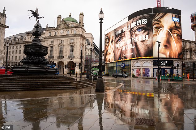 It comes as the UK Covid Inquiry yesterday concluded that lockdowns could have been avoided if the government had responded to the pandemic earlier. Pictured, a near deserted Piccadilly Circus, London, during England's third national lockdown in January 2021