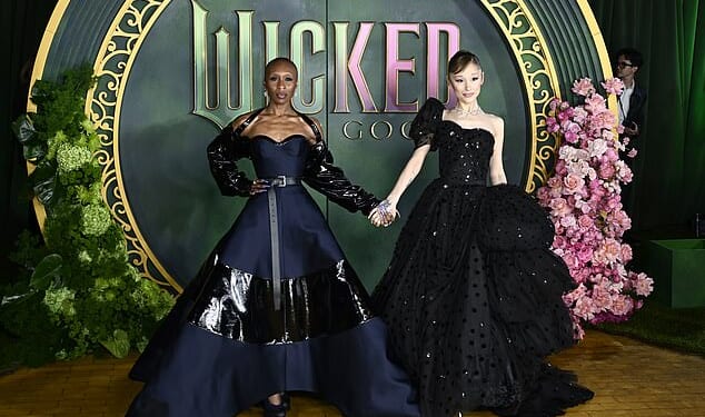 Ariana Grande and Cynthia Erivo swapped their trademark pink and green looks for dark sultry gowns as they attended the UK premiere of Wicked: For Good on Monday