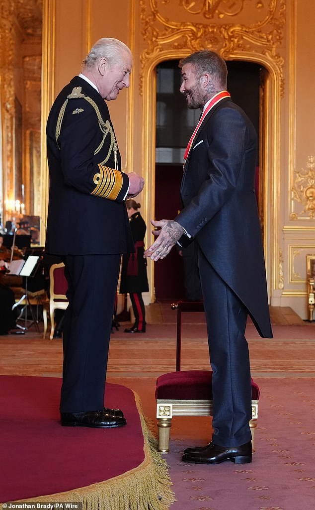 David Beckham received his knighthood for services to sport and charity from King Charles at Windsor Castle on Tuesday morning