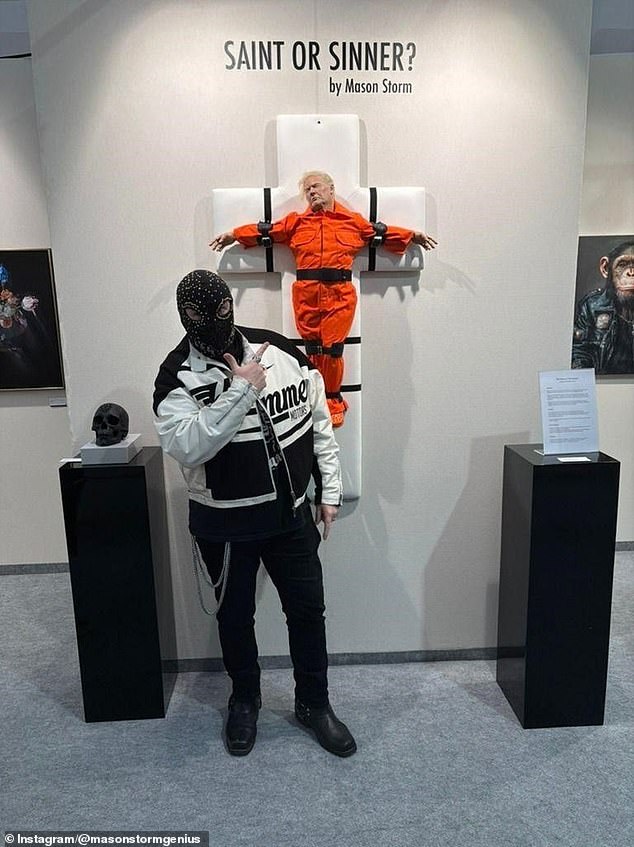 The artist, Mason Storm, created the controversial work. He has left the interpretation up to the viewer to determined if Trump is a sinner or a saint