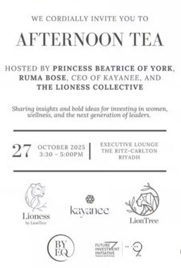 The afternoon tea invitations billed the event as 'insights and bold ideas for investing in women, wellness, and the next generation of leaders'