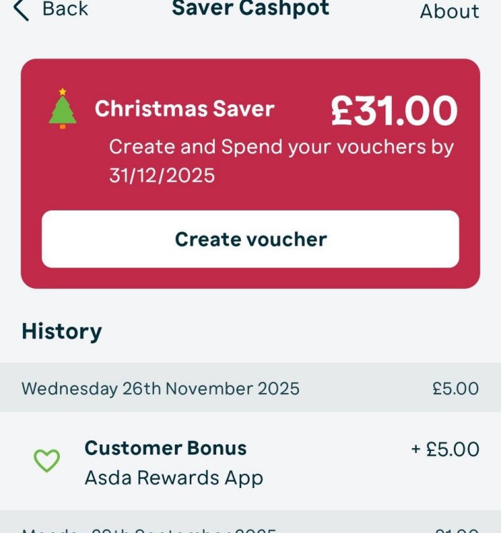 Screenshot of a mobile app showing "Christmas Saver" with £31.00 balance and a history of transactions.