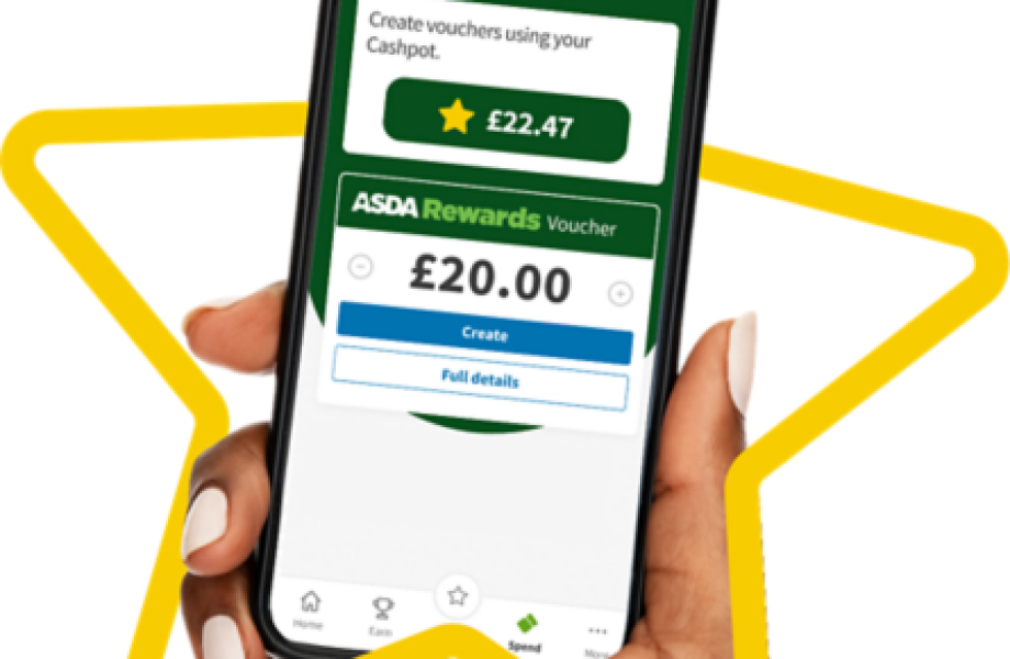 Hand holding a phone displaying the ASDA Rewards app with £22.47 in a Cashpot and a £20.00 voucher option.