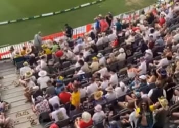 Pictured: A grab from a video showing fans throwing cardboard beer trays down onto English fans during the first Test on Saturday, with the trays littering the aisles