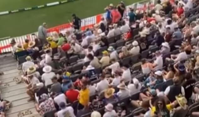 Pictured: A grab from a video showing fans throwing cardboard beer trays down onto English fans during the first Test on Saturday, with the trays littering the aisles