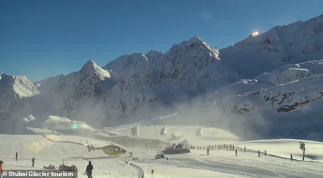 Rescuers are searching a huge stretch of avalanche debris on the Stubai Glacier in Austria (pictured) after several skiers were swept away and buried under snow