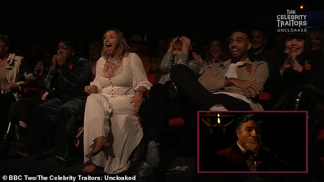 Church was sat next to a number of her Traitors co-stars who, unlike her, opted to wear a poppy as part of their outfits